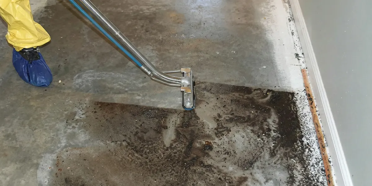 sewage removal technicians extracting contaminated wastewater from a residential floor in Houston, TX